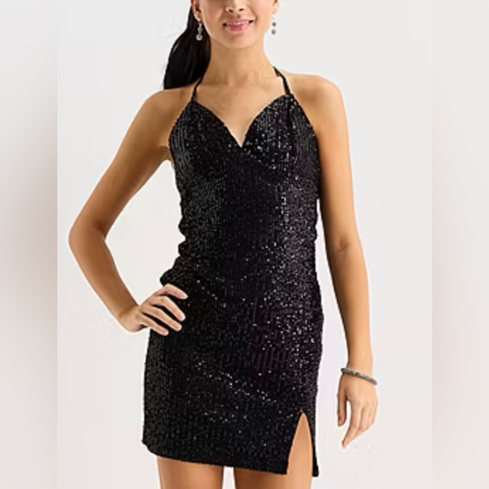 Black Sequin Halter Mini Dress NWT Party Cocktail Club Dress size M